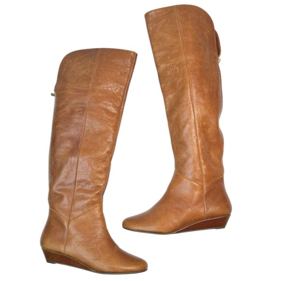 Steven Steve Madden Intyre Over the Knee Boots Leather Cognac Brown Wedge Heel 8 - Picture 6 of 16